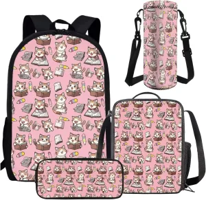 AmzPrint 4 Pieces Cat Backpack Set For Girls Kids Cat Backpack And Lunch Box Set Back To School Supplies Backpack Set Gifts