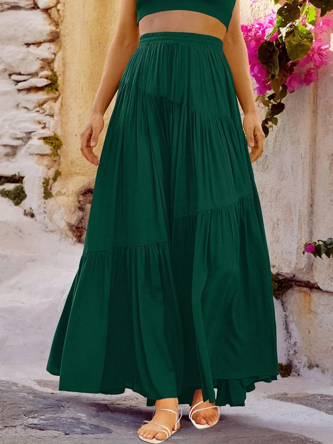 ANRABESS Womens Boho Elastic High Waist Pleated A-Line Flowy Swing Asymmetric Tiered Maxi Long Skirt Dress with Pockets