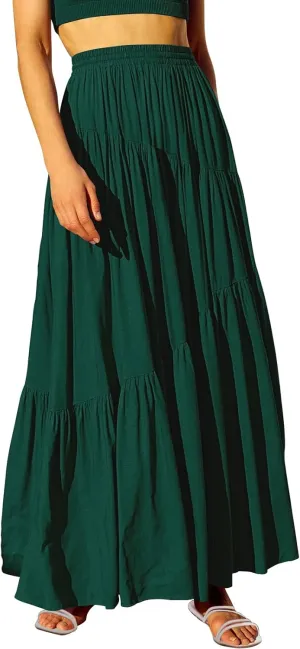 ANRABESS Womens Boho Elastic High Waist Pleated A-Line Flowy Swing Asymmetric Tiered Maxi Long Skirt Dress with Pockets