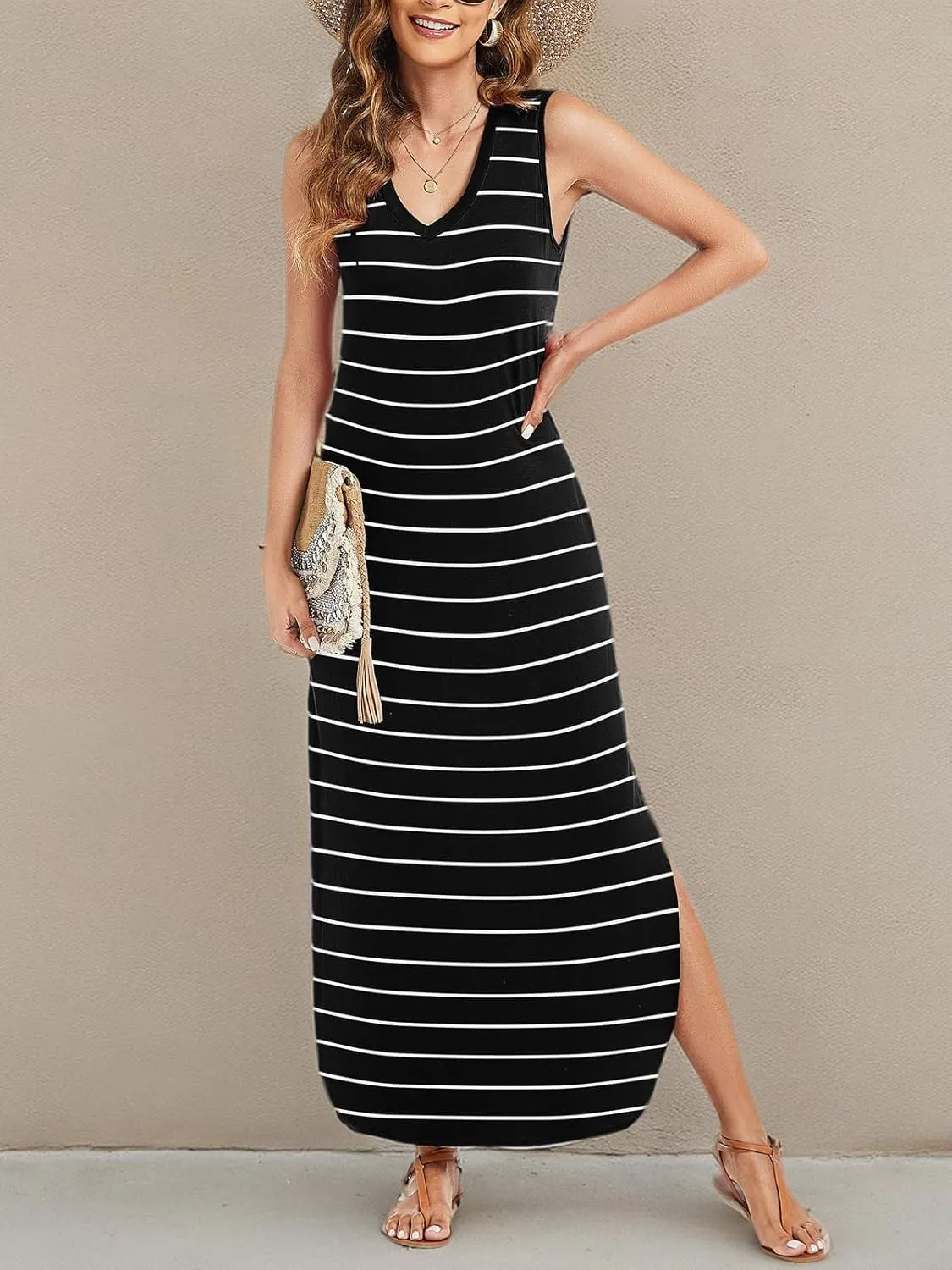 Arolina Maxi Dress for Women Tropical Summer V Neck Sleeveless Split Long Beach Dresses Casual Loose Sundress with Pockets
