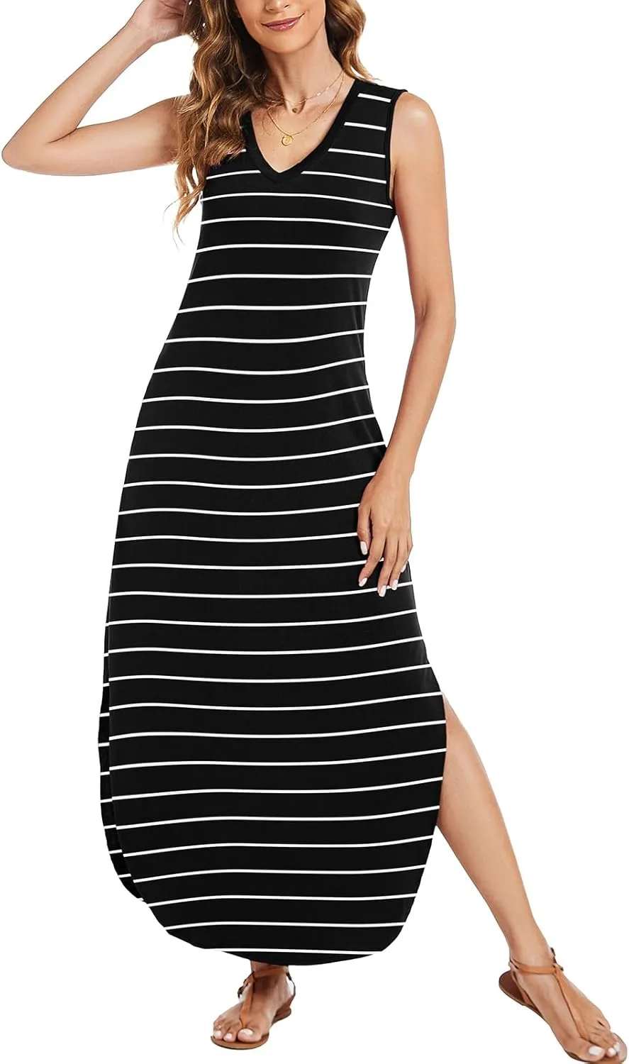 Arolina Maxi Dress for Women Tropical Summer V Neck Sleeveless Split Long Beach Dresses Casual Loose Sundress with Pockets