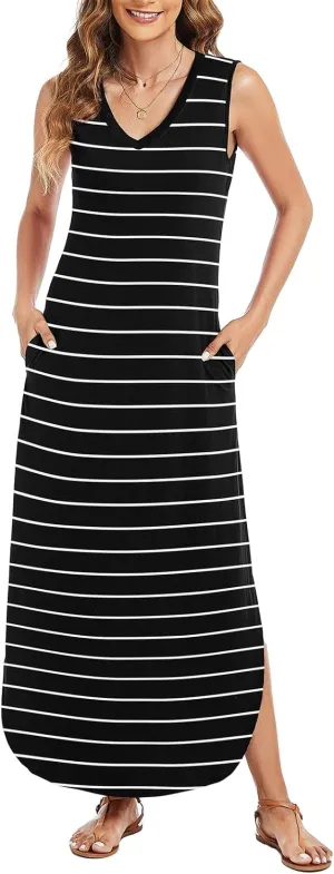 Arolina Maxi Dress for Women Tropical Summer V Neck Sleeveless Split Long Beach Dresses Casual Loose Sundress with Pockets