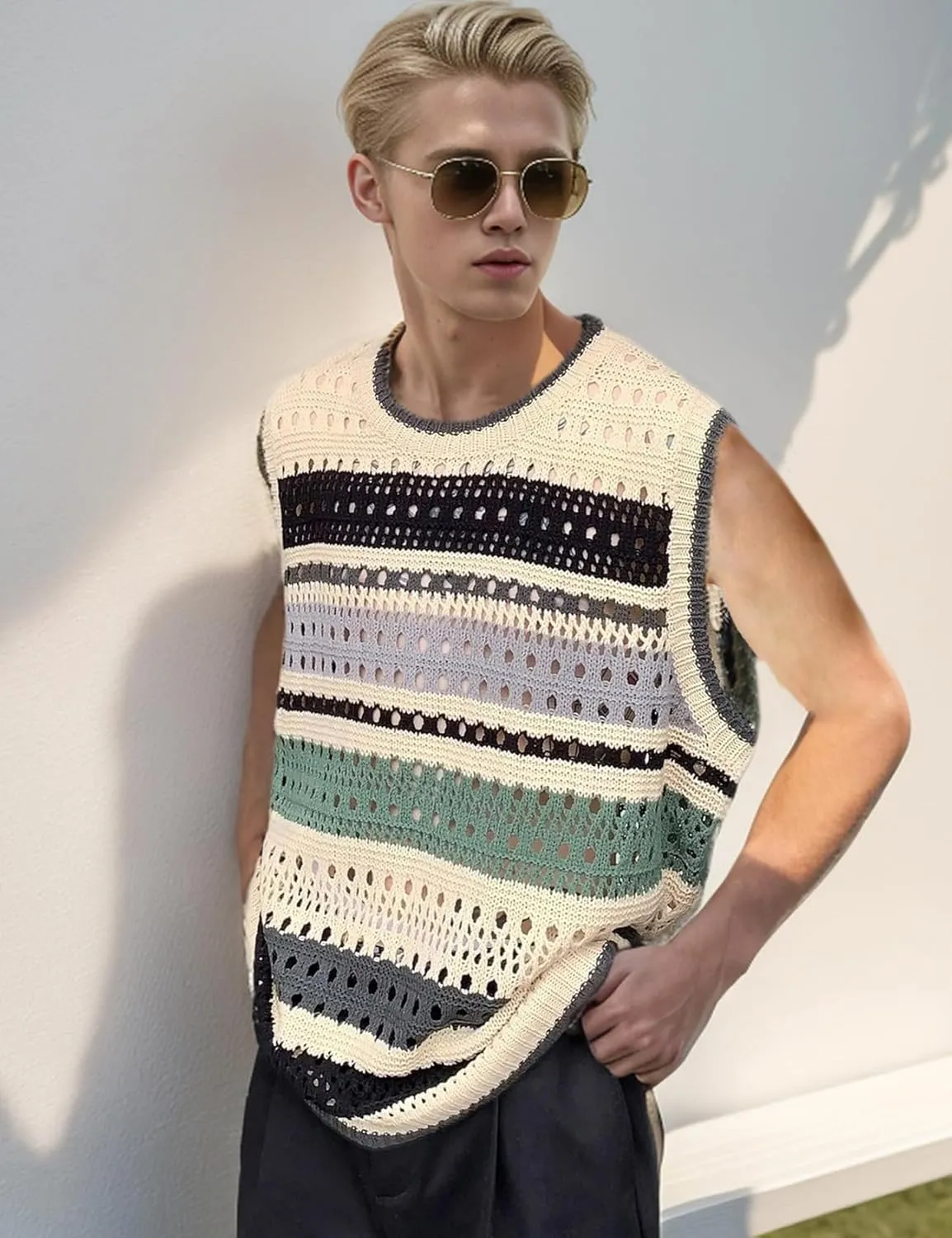 Arssm Mens Crochet Sweater Vest Color Block Knit Vest Sleeveless Crewneck Blouses Tops Hollow Out Tank Top