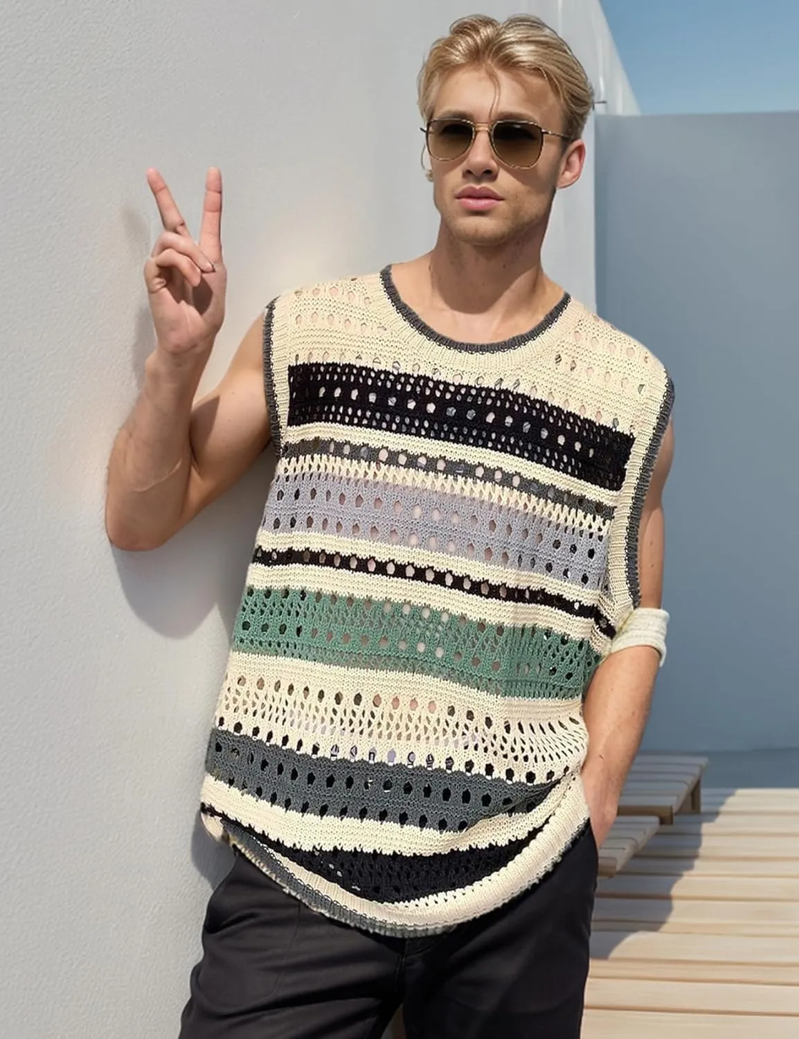 Arssm Mens Crochet Sweater Vest Color Block Knit Vest Sleeveless Crewneck Blouses Tops Hollow Out Tank Top