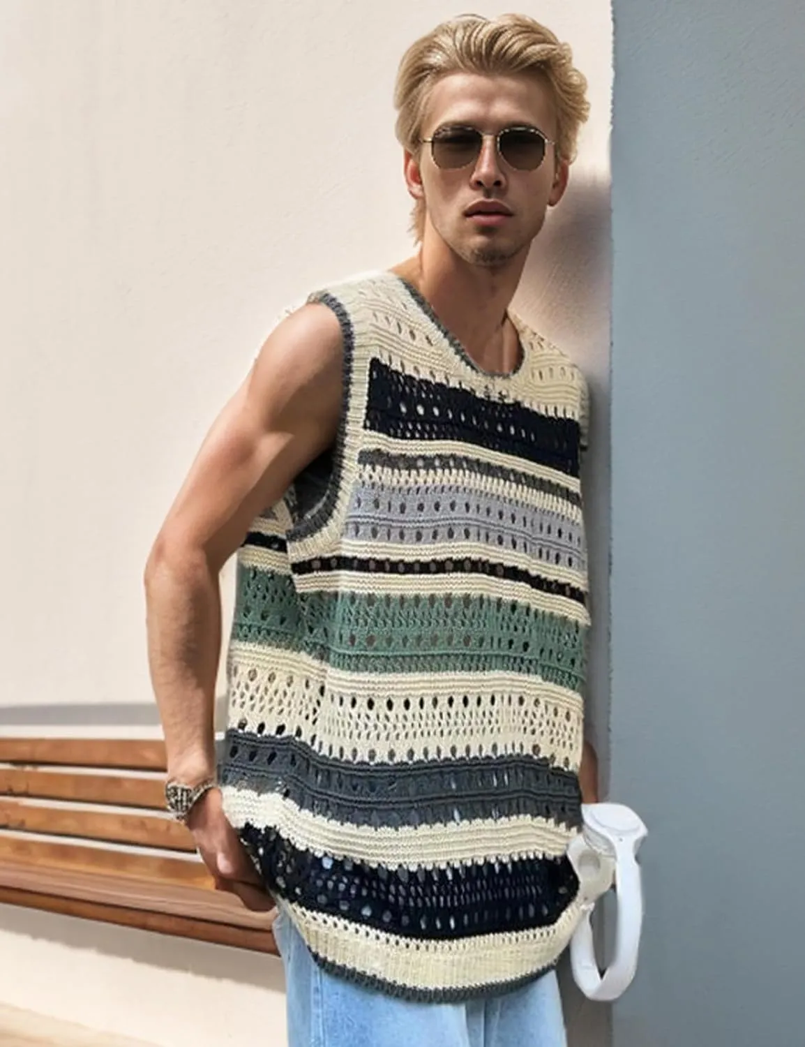 Arssm Mens Crochet Sweater Vest Color Block Knit Vest Sleeveless Crewneck Blouses Tops Hollow Out Tank Top