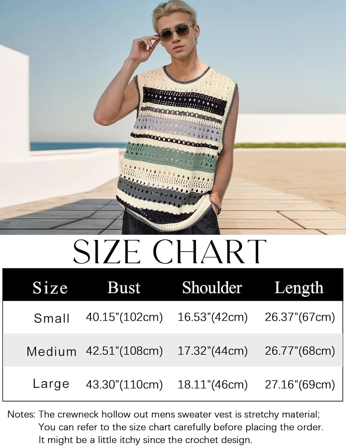Arssm Mens Crochet Sweater Vest Color Block Knit Vest Sleeveless Crewneck Blouses Tops Hollow Out Tank Top