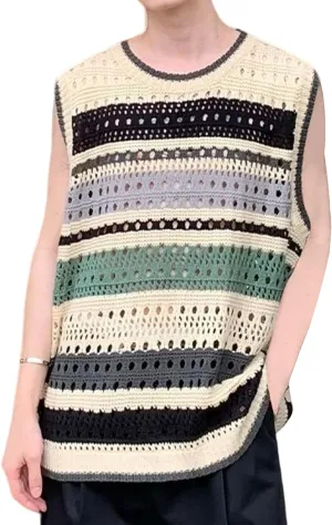 Arssm Mens Crochet Sweater Vest Color Block Knit Vest Sleeveless Crewneck Blouses Tops Hollow Out Tank Top