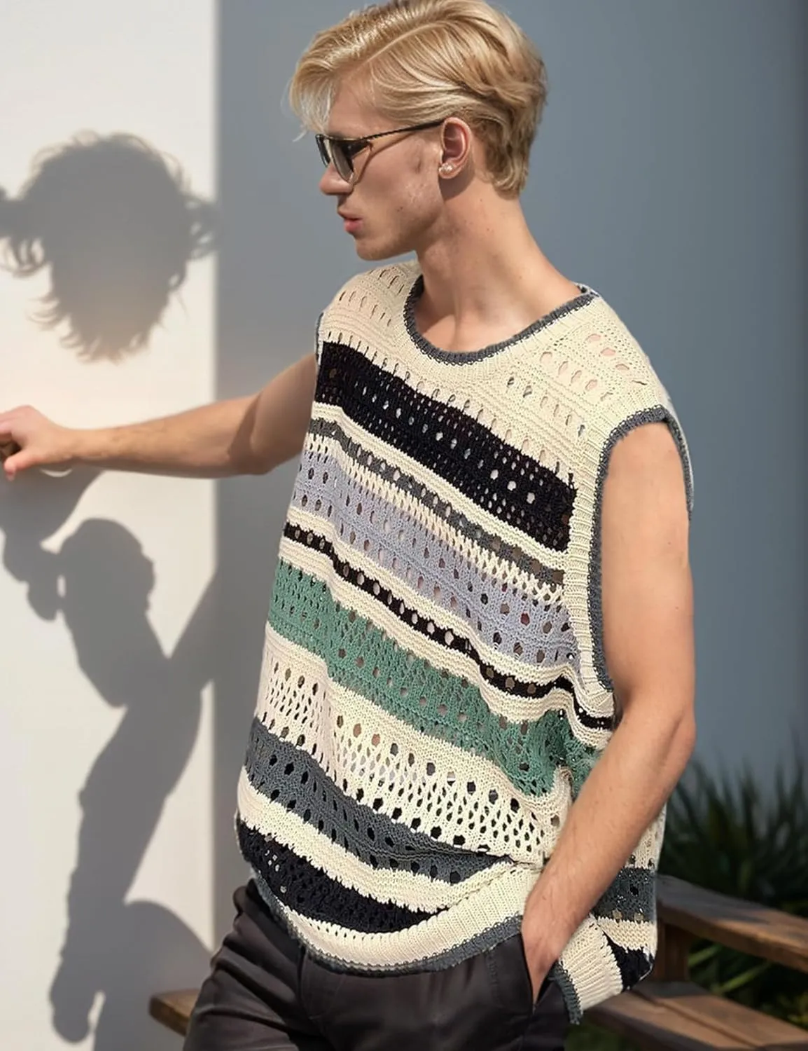 Arssm Mens Crochet Sweater Vest Color Block Knit Vest Sleeveless Crewneck Blouses Tops Hollow Out Tank Top