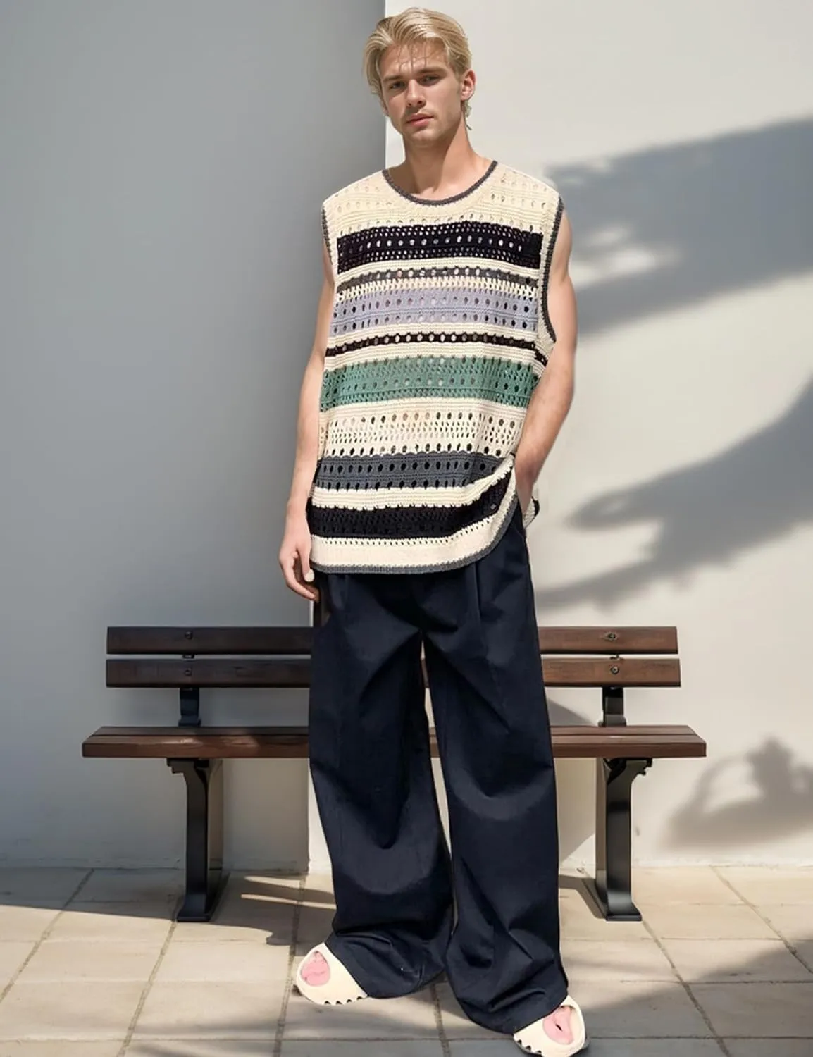 Arssm Mens Crochet Sweater Vest Color Block Knit Vest Sleeveless Crewneck Blouses Tops Hollow Out Tank Top