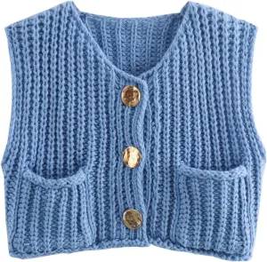 Arssm Women Button Down Sweater Vest Sleeveless Crop Knit Cardigan Cropped Knitted Sweater Vest with Pockets