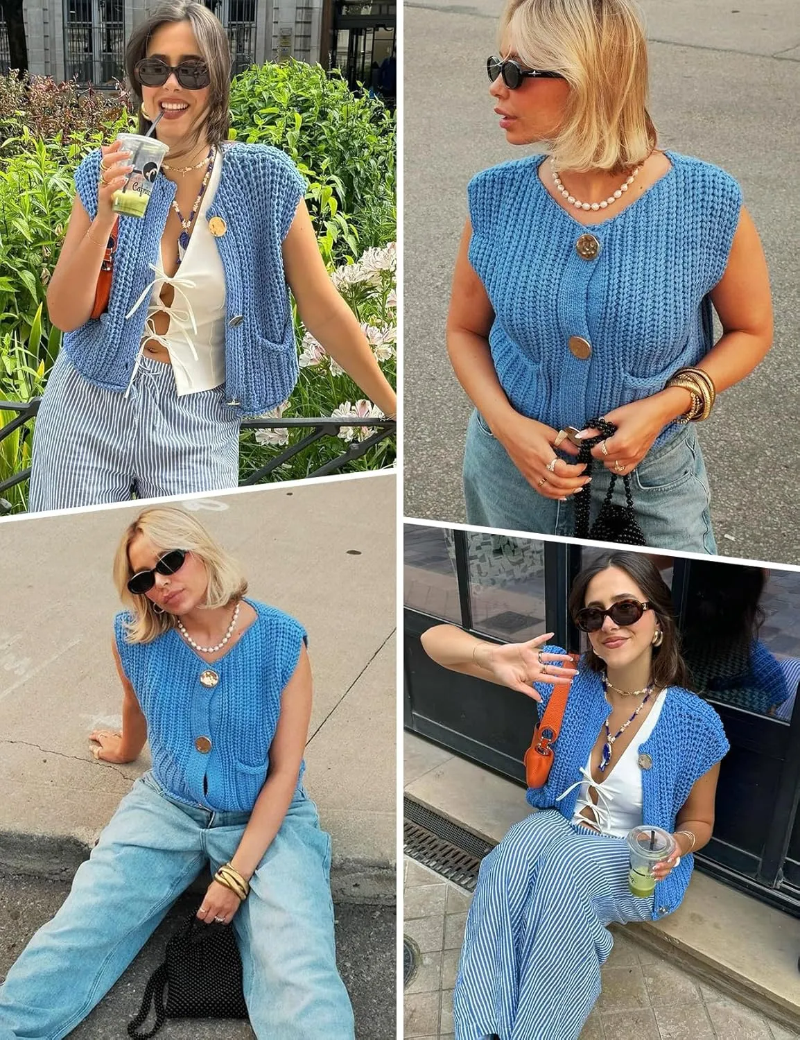 Arssm Women Button Down Sweater Vest Sleeveless Crop Knit Cardigan Cropped Knitted Sweater Vest with Pockets