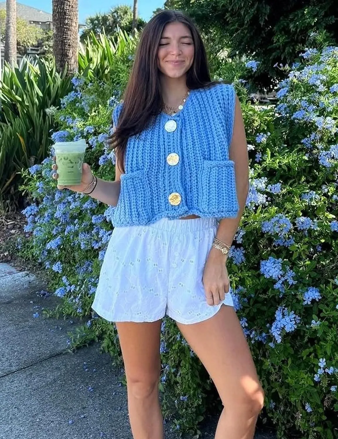 Arssm Women Button Down Sweater Vest Sleeveless Crop Knit Cardigan Cropped Knitted Sweater Vest with Pockets