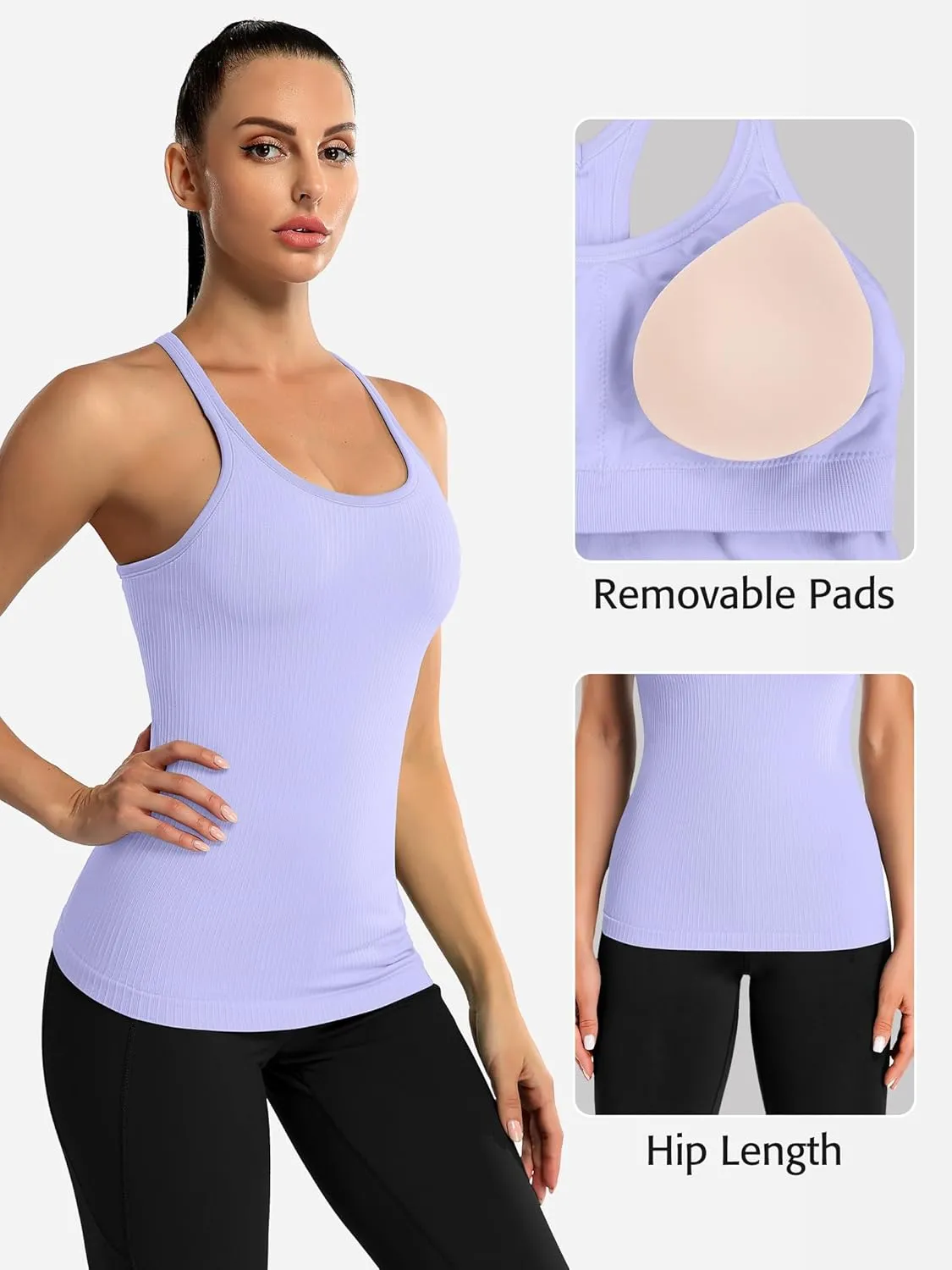 ATTRACO Ribbed Workout Tank Tops for Women with Built in Bra Tight Racerback Scoop Neck Athletic Top