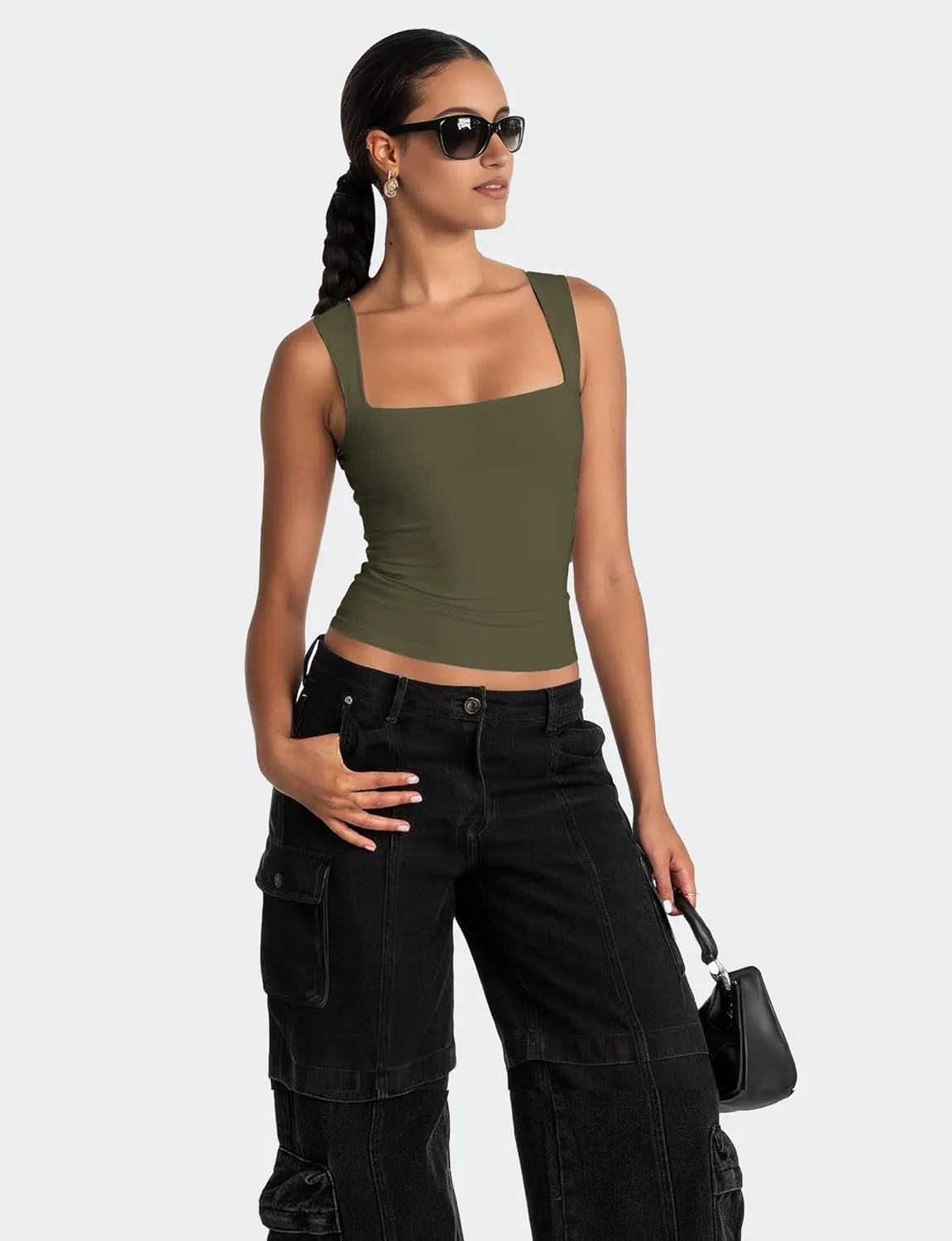 AURUZA Square Neck Tank Tops for Women, Sleeveless Double Lined Tops for Women Sexy Going Out Top Trendy Basic Fitted Shirts