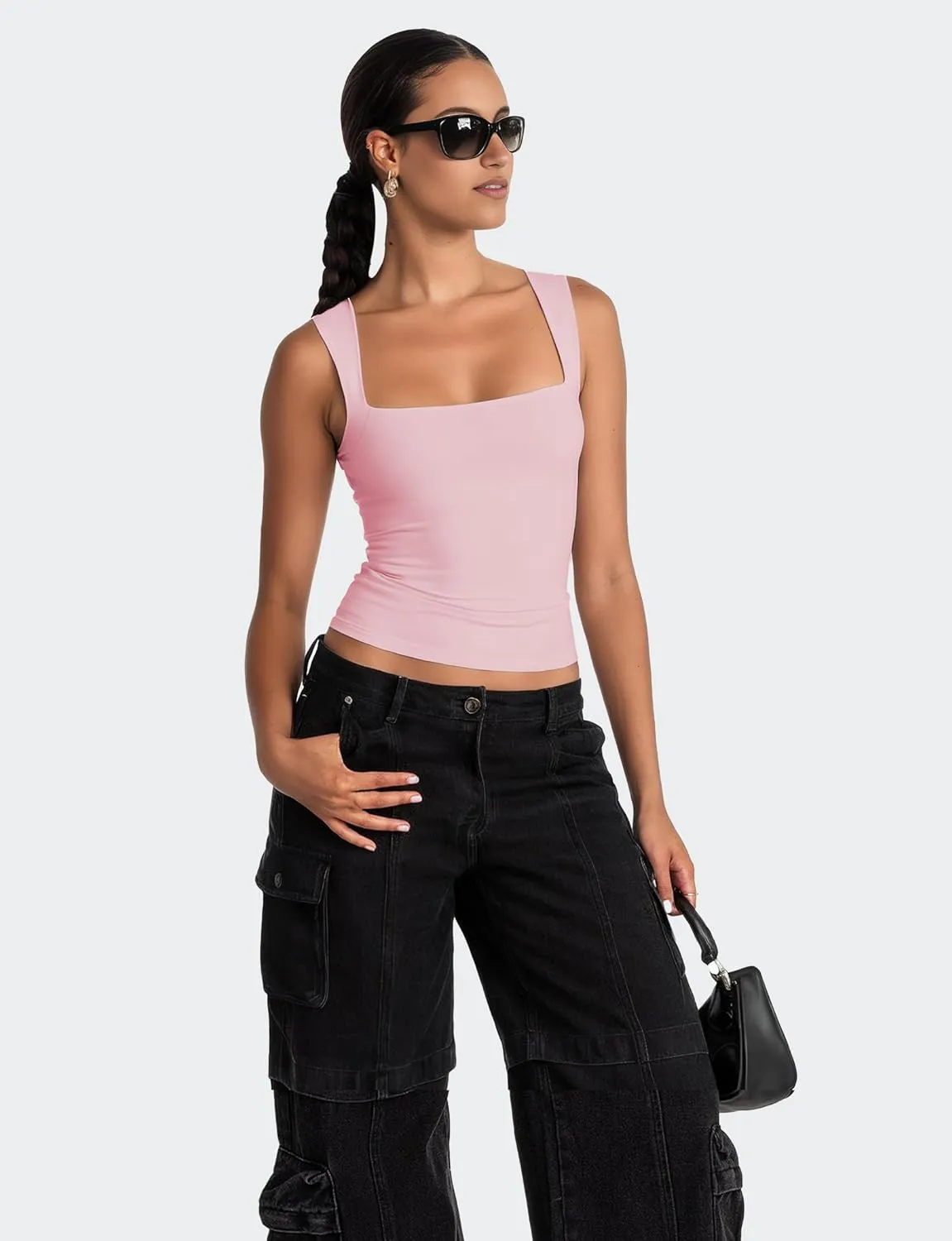 AURUZA Square Neck Tank Tops for Women, Sleeveless Double Lined Tops for Women Sexy Going Out Top Trendy Basic Fitted Shirts