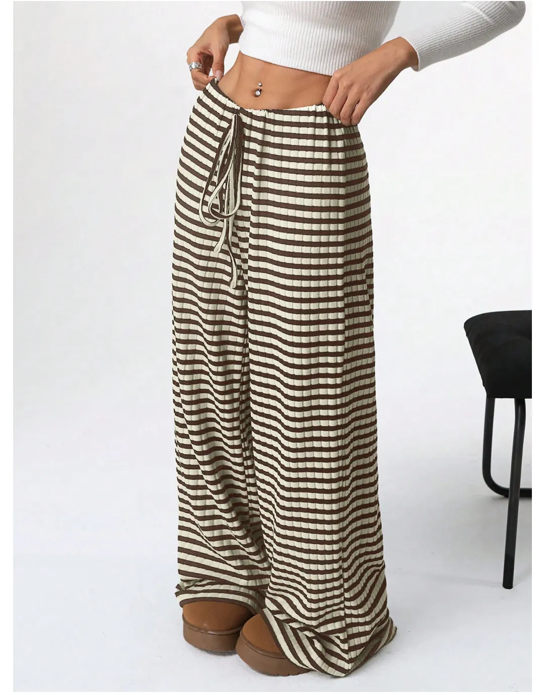 Autumn Winter Women Casual Striped Solid Color Rubber Band Drawstring Straight Leg Pants