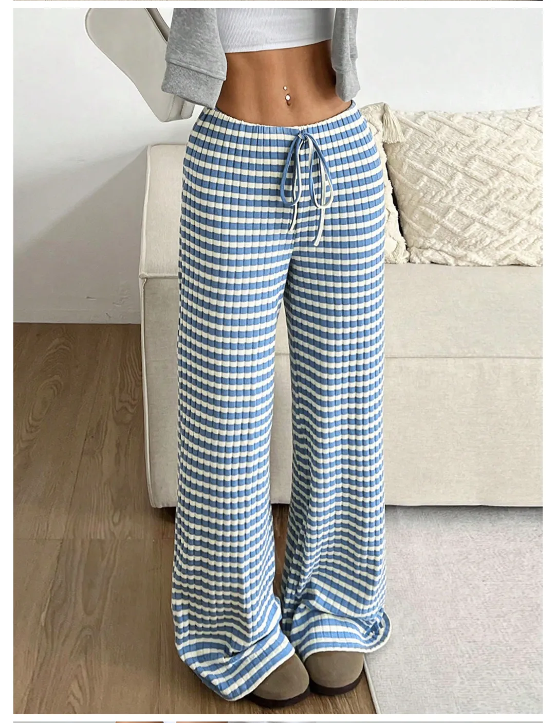 Autumn Winter Women Casual Striped Solid Color Rubber Band Drawstring Straight Leg Pants