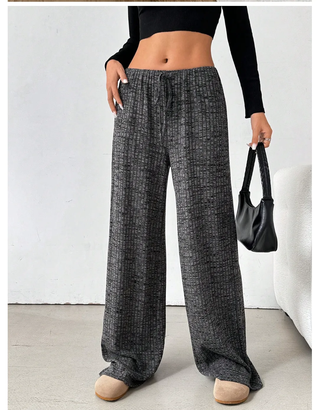 Autumn Winter Women Casual Striped Solid Color Rubber Band Drawstring Straight Leg Pants