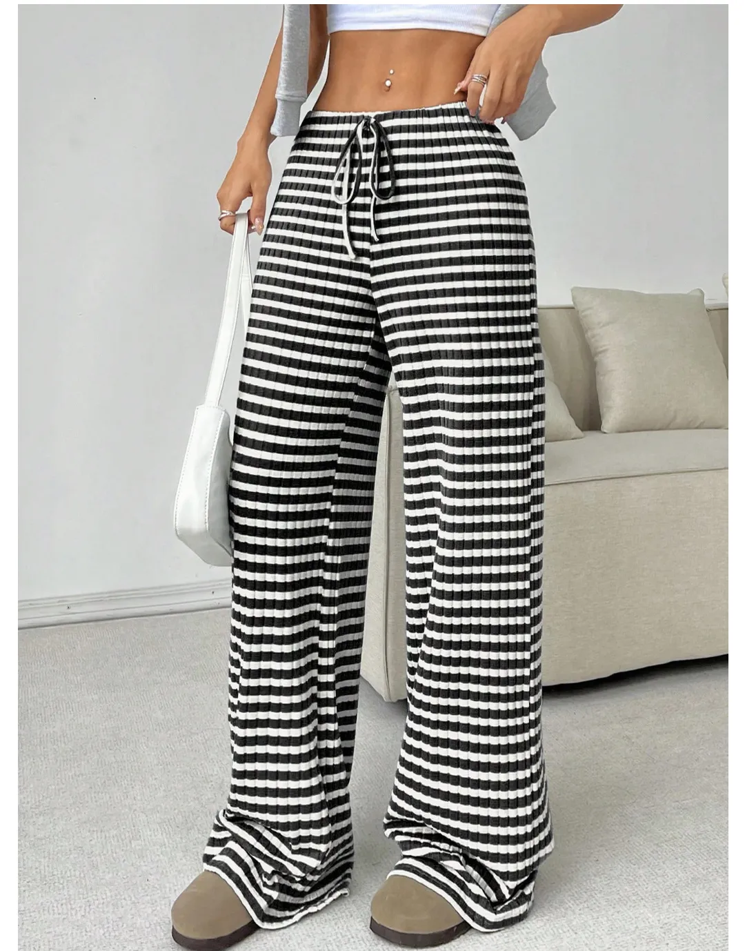 Autumn Winter Women Casual Striped Solid Color Rubber Band Drawstring Straight Leg Pants