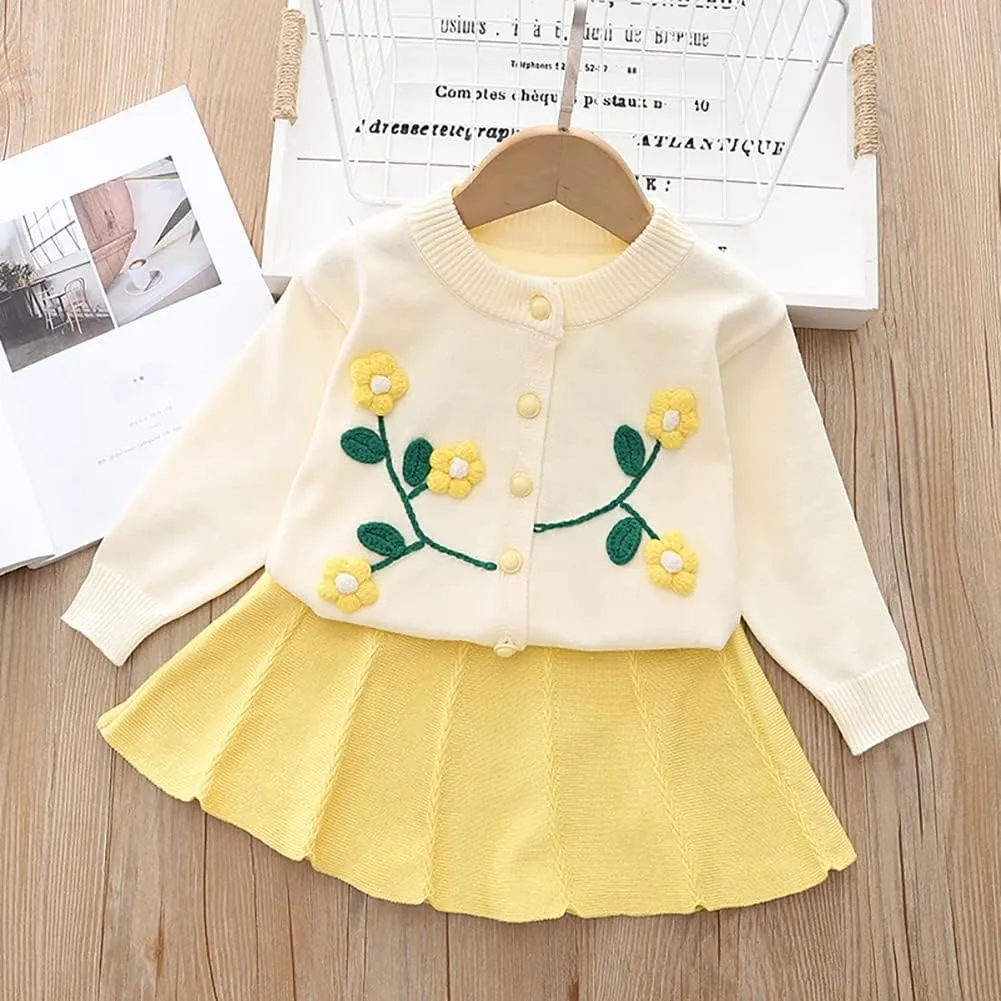 Baby Girls Knitted Sweater Dress Kids Floral Sweater Top   Ruffles Mini Skirt Outfits Fall Winter Clothes Set 2pcs