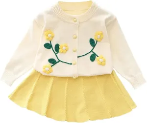 Baby Girls Knitted Sweater Dress Kids Floral Sweater Top   Ruffles Mini Skirt Outfits Fall Winter Clothes Set 2pcs