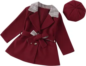 Baby Kids Girls Classic Wool Blend Coat Winter Double Breasted Trench Coat With Hat Set Outwear
