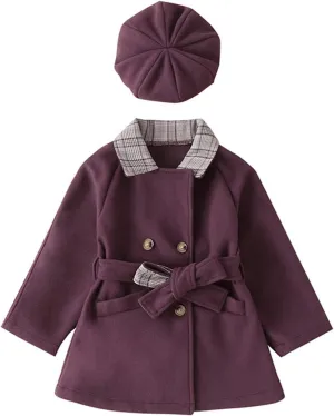 Baby Kids Girls Classic Wool Blend Coat Winter Double Breasted Trench Coat With Hat Set Outwear
