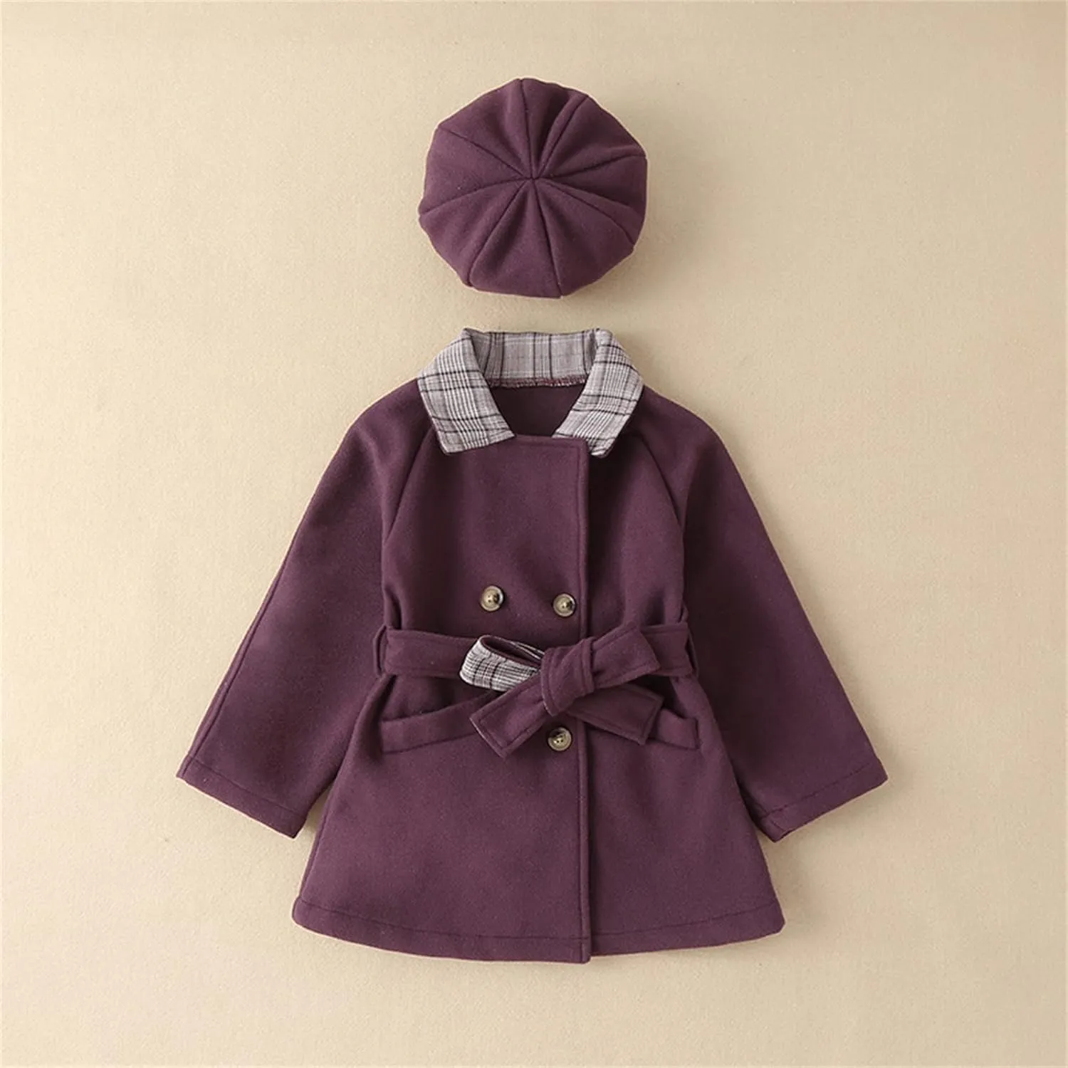 Baby Kids Girls Classic Wool Blend Coat Winter Double Breasted Trench Coat With Hat Set Outwear