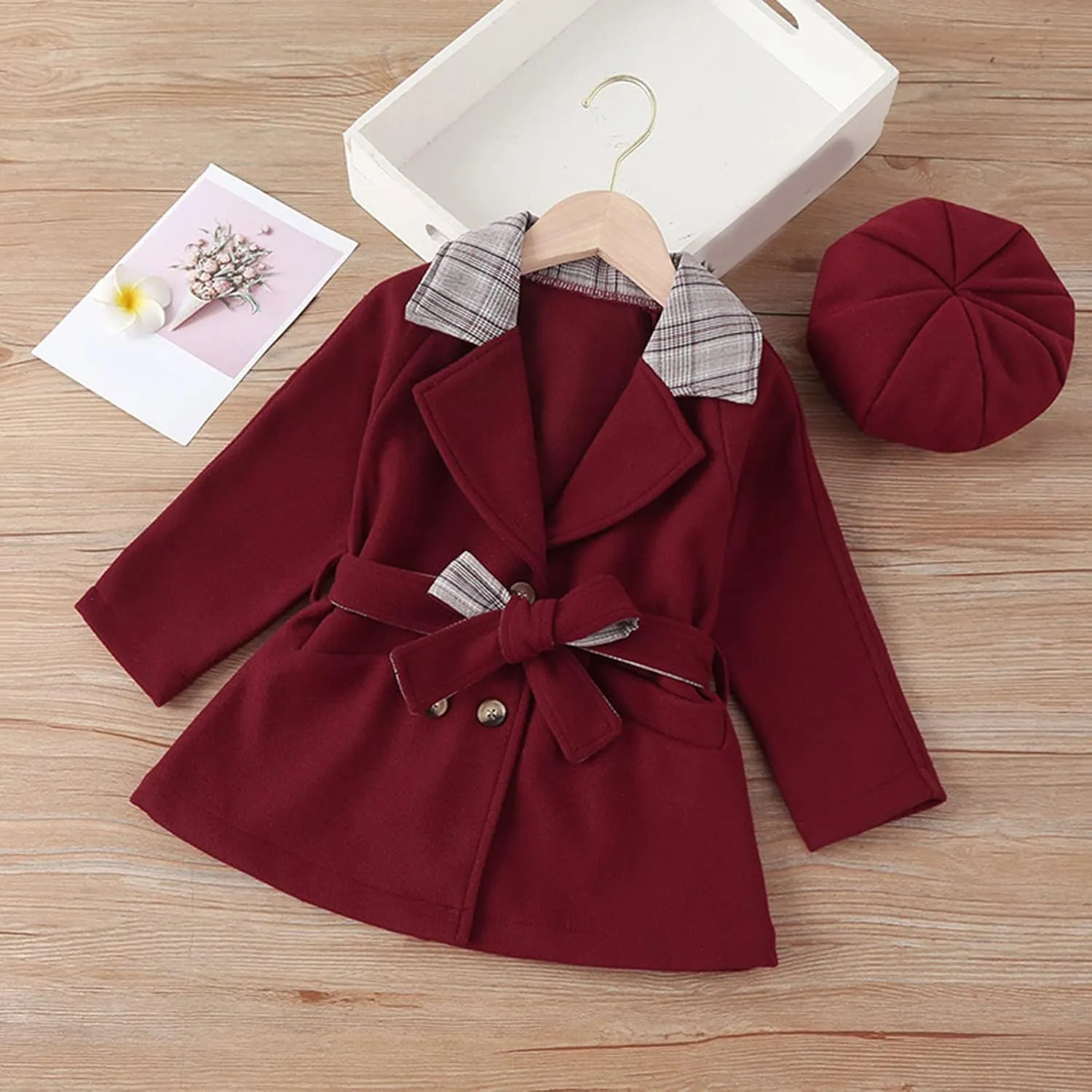 Baby Kids Girls Classic Wool Blend Coat Winter Double Breasted Trench Coat With Hat Set Outwear