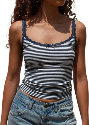 BAIGRAM Women Y2K Going Out Striped Camisole Tops Lace Patchwork Scoop Neck Spaghetti Strap Crop Tank Tops Cute Coquette