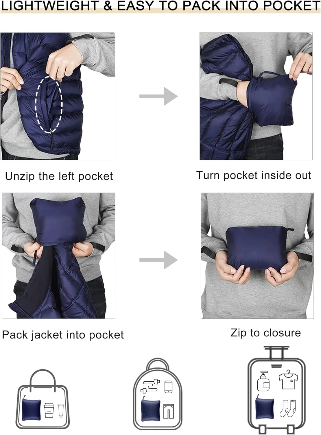 Bakery Men's Down Vest Lightweight Packable Puffer Vest Stand Collar Down Vest Zipper Sleeveless Jacket