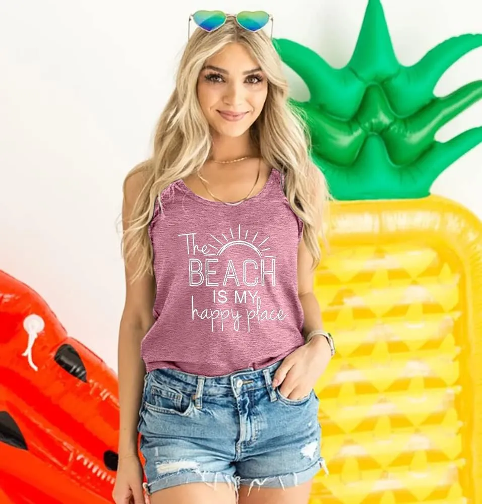BANGELY The Beach is My Happy Place Tank Tops Women Summer Beach Tank Casual Sleeveless Vacation Shirt Camis