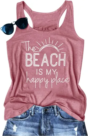 BANGELY The Beach is My Happy Place Tank Tops Women Summer Beach Tank Casual Sleeveless Vacation Shirt Camis