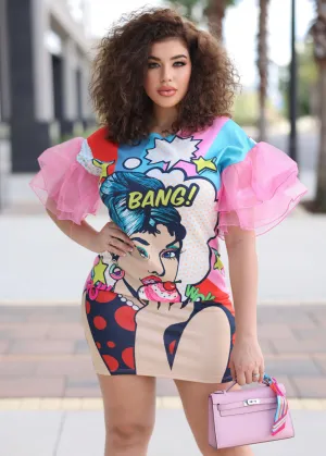Barbie Pop Art Short With Organza Ruffled Sleeves Mini Dress