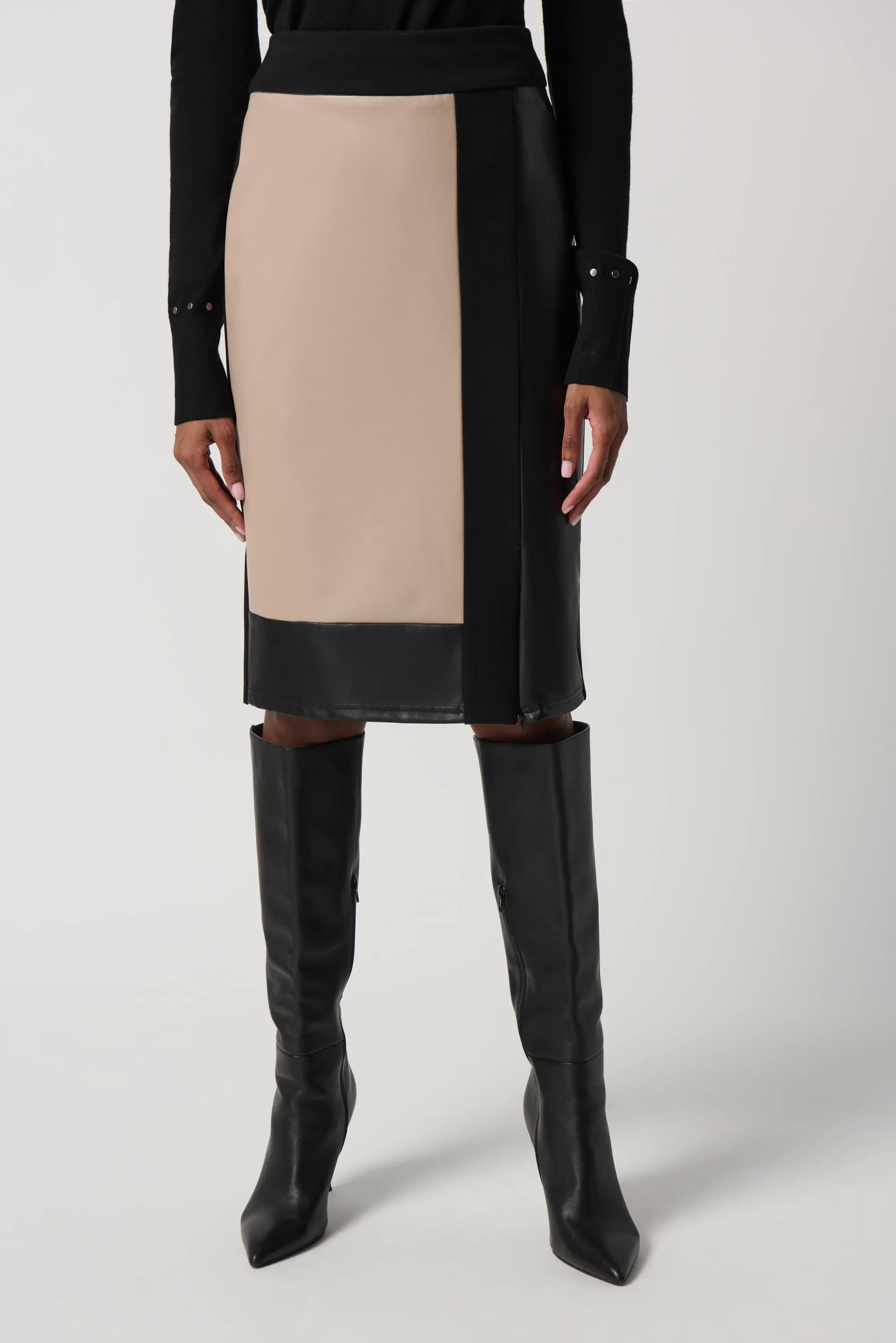 Bardot Black and Latte Heavy Knit and Faux Leather Pencil Skirt- Joseph Ribkoff Style 234164