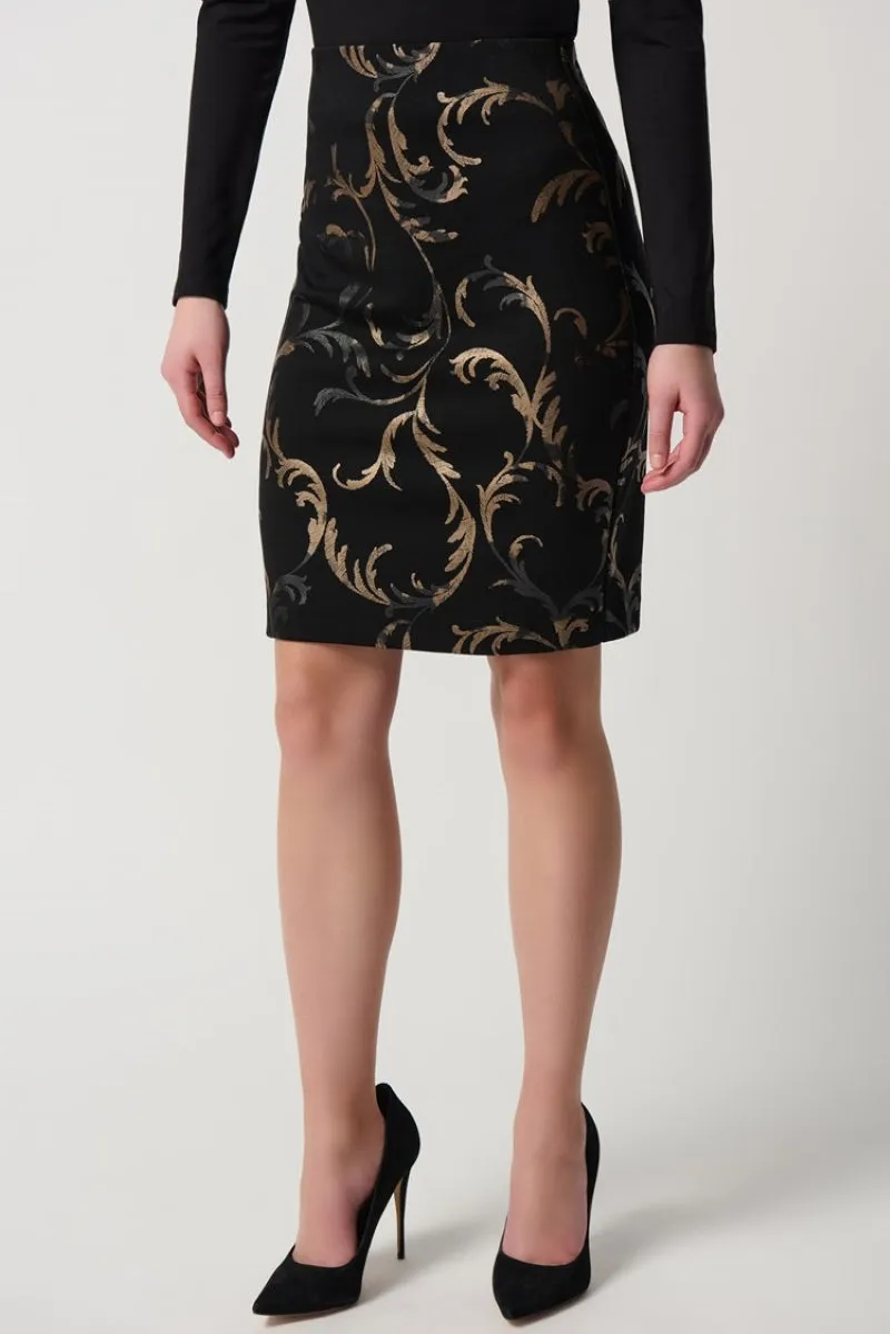 Baroque Print Heavy Knit Pull-On Pencil Skirt in Black/Gold 234296 by Joseph Ribkoff