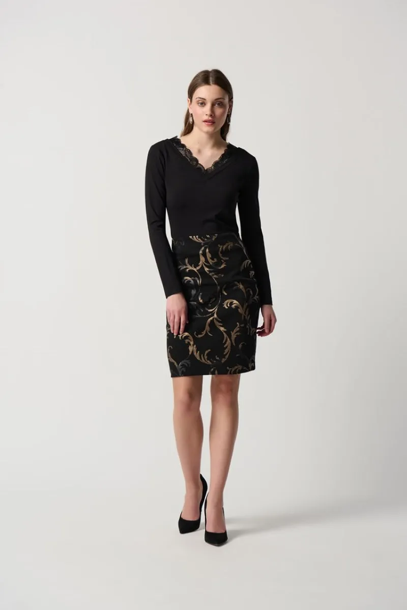 Baroque Print Heavy Knit Pull-On Pencil Skirt in Black/Gold 234296 by Joseph Ribkoff