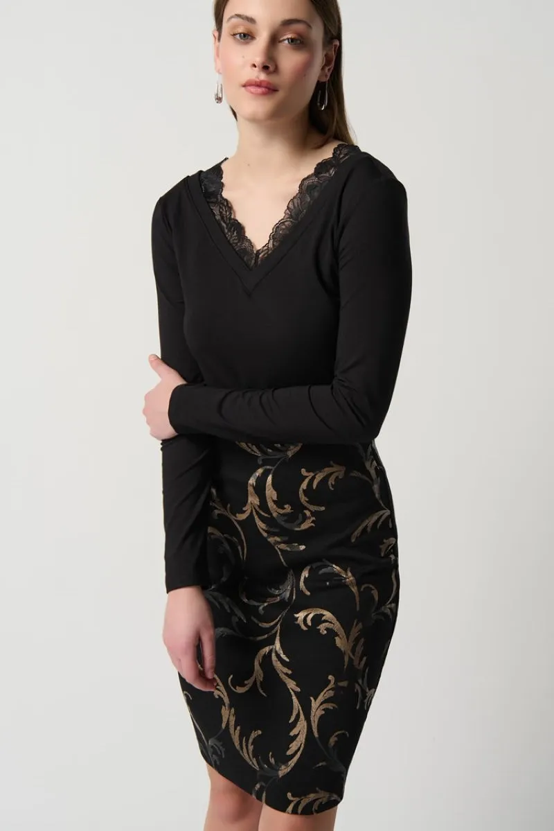 Baroque Print Heavy Knit Pull-On Pencil Skirt in Black/Gold 234296 by Joseph Ribkoff