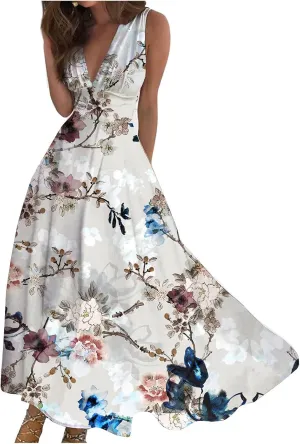 Beach Dresses for Women Deep V Neck Elegant Sleeveless Long Dress Casual Floral Sexy Dresses Maxi Cute Swing Dress