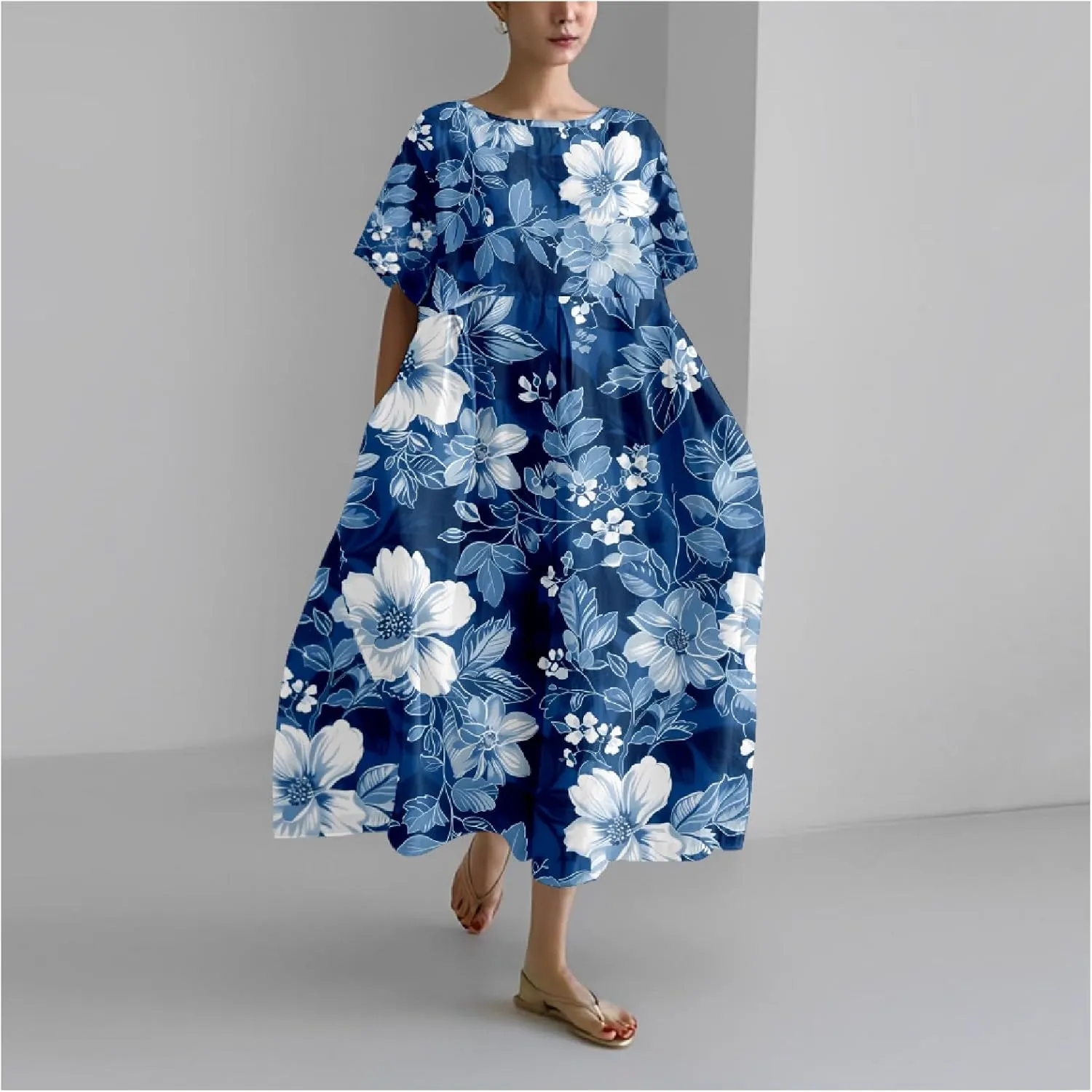 Bengbobar Boho Dresses for Women Flroal Maxi Dress Flowy Crew Neck Beach Art Dress Crewneck Linen Casua Summer Dresses