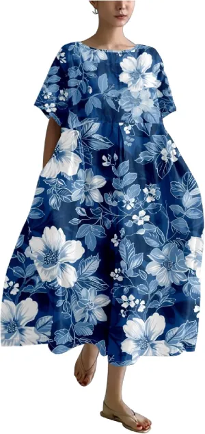 Bengbobar Boho Dresses for Women Flroal Maxi Dress Flowy Crew Neck Beach Art Dress Crewneck Linen Casua Summer Dresses