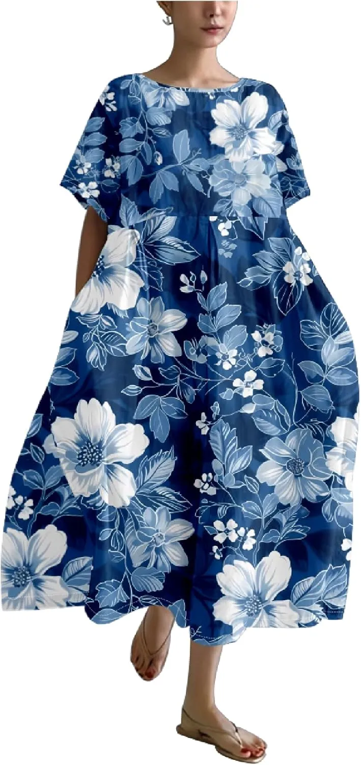Bengbobar Boho Dresses for Women Flroal Maxi Dress Flowy Crew Neck Beach Art Dress Crewneck Linen Casua Summer Dresses