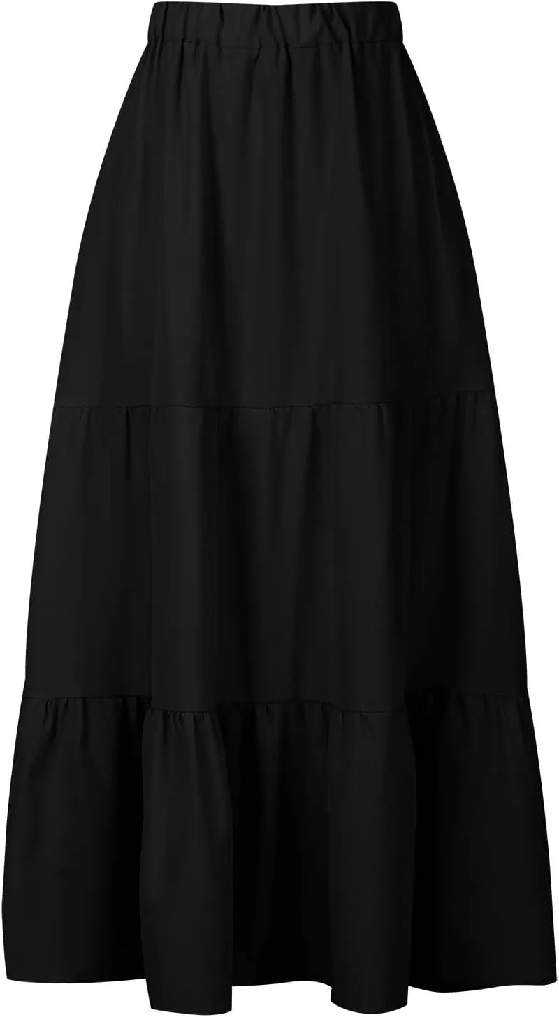 Binmer Women 2024 Bohemian Long Skirts Tiered Ruffle Hem Flowy High Waist A Line Maxi Skirts Summer Pleated Skirt with Pocket