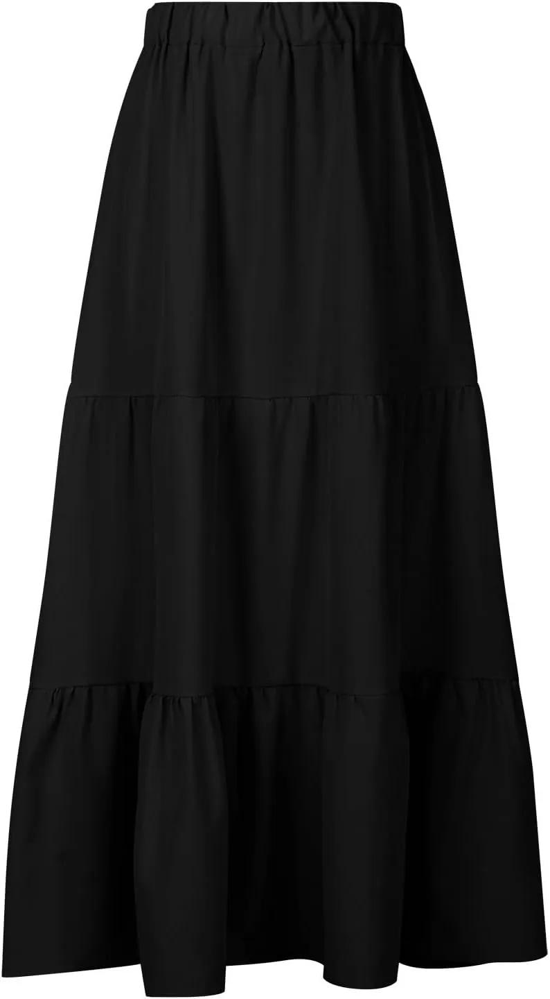 Binmer Women 2024 Bohemian Long Skirts Tiered Ruffle Hem Flowy High Waist A Line Maxi Skirts Summer Pleated Skirt with Pocket