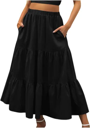 Binmer Women 2024 Bohemian Long Skirts Tiered Ruffle Hem Flowy High Waist A Line Maxi Skirts Summer Pleated Skirt with Pocket