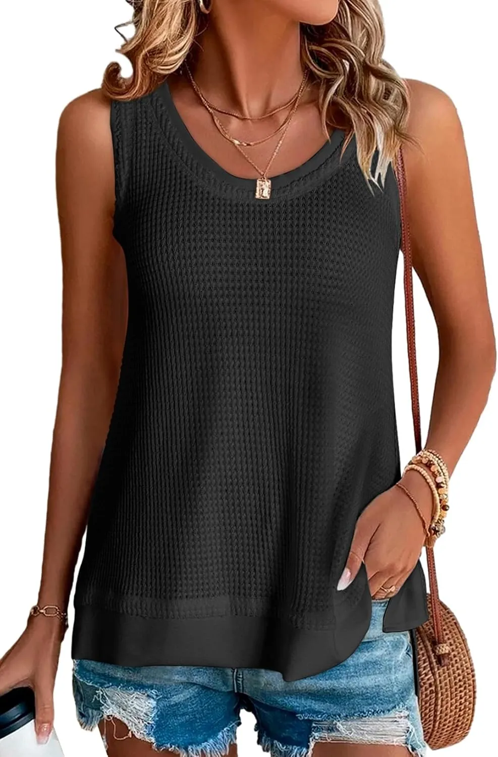 BLENCOT Women's Waffle Knit Summer Tank Top Casual Scoop Neck Sleeveless Loose Tunic Tops