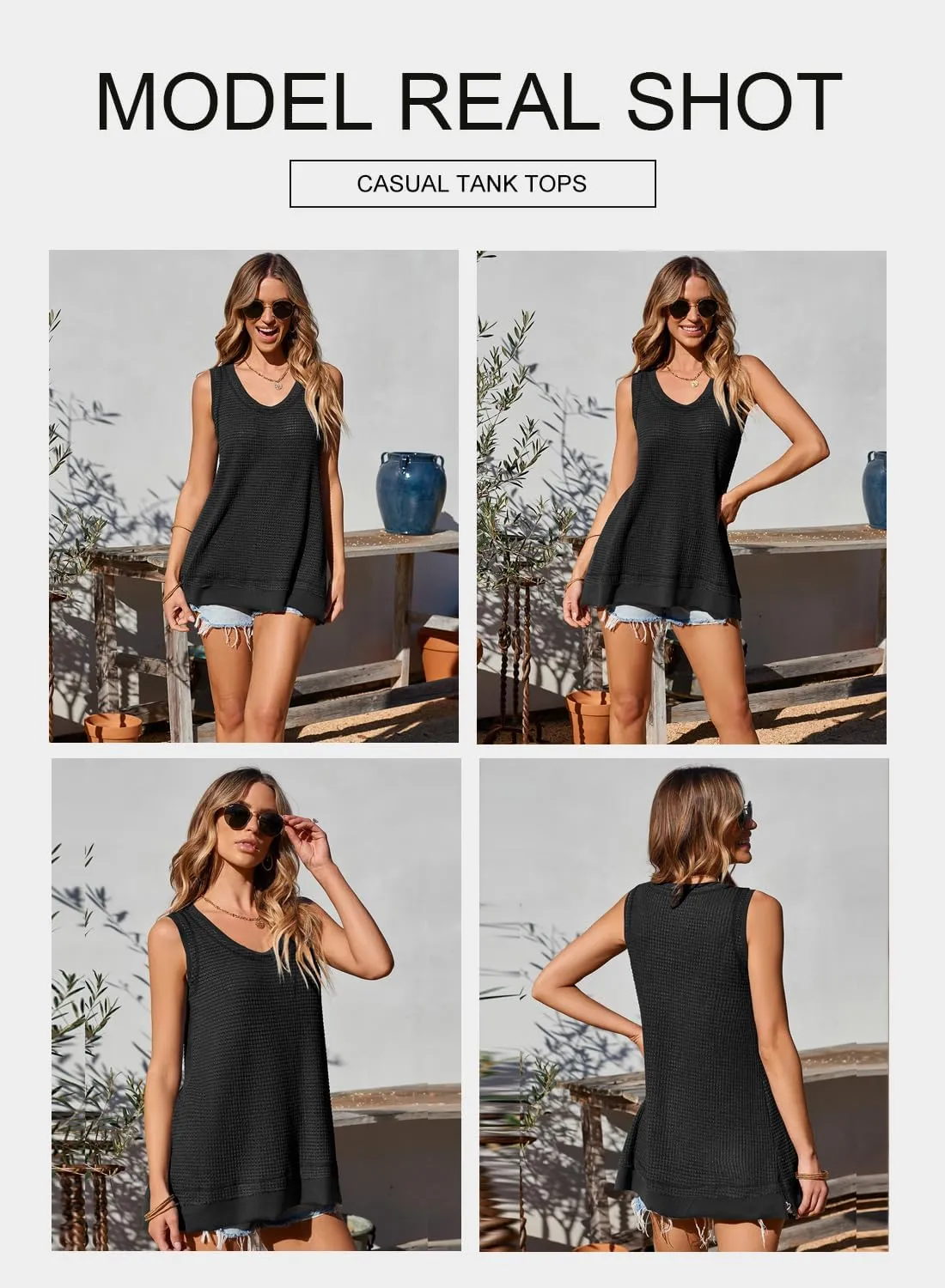 BLENCOT Women's Waffle Knit Summer Tank Top Casual Scoop Neck Sleeveless Loose Tunic Tops