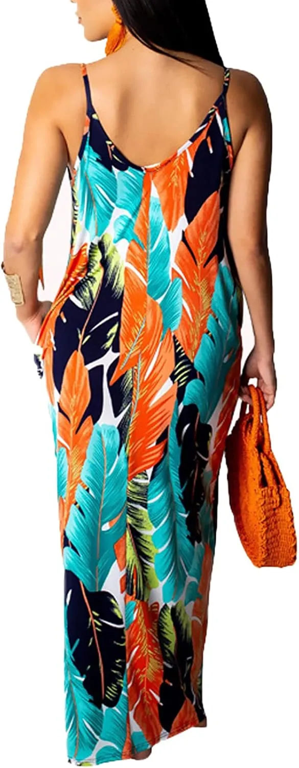 BOGURST Women's Casual Summer Maxi Dresses Sleeveless Adjustable Spaghetti Strap Loose Plus Size Dresses