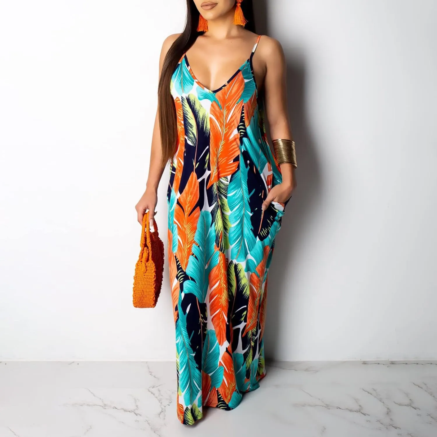 BOGURST Women's Casual Summer Maxi Dresses Sleeveless Adjustable Spaghetti Strap Loose Plus Size Dresses