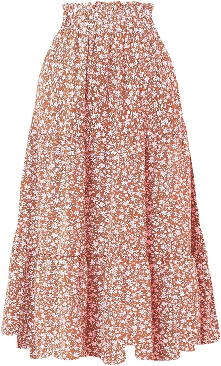 Boho Floral Maxi Skirt for Women 2025 Summer Elastic High Waist A Line Long Skirts Flowy Tiered Skirt with Pockets